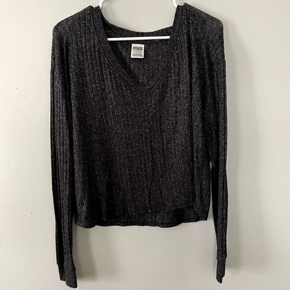 PINK Victoria's Secret V-Neck Cropped Top Small Dark Gray Women Ribbed Knit